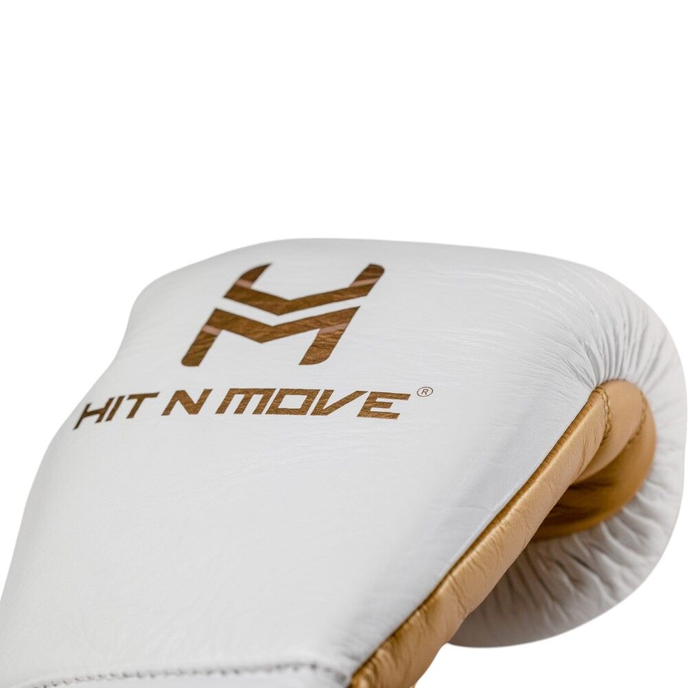 Hit N Move ALL DAY Pro Agility White/Gold Lace Up Boxing Gloves at