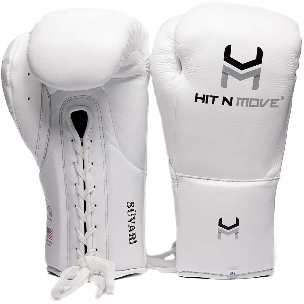Hit N Move Suvari Horse Hair White Lace Up Boxing Gloves at FightHQ