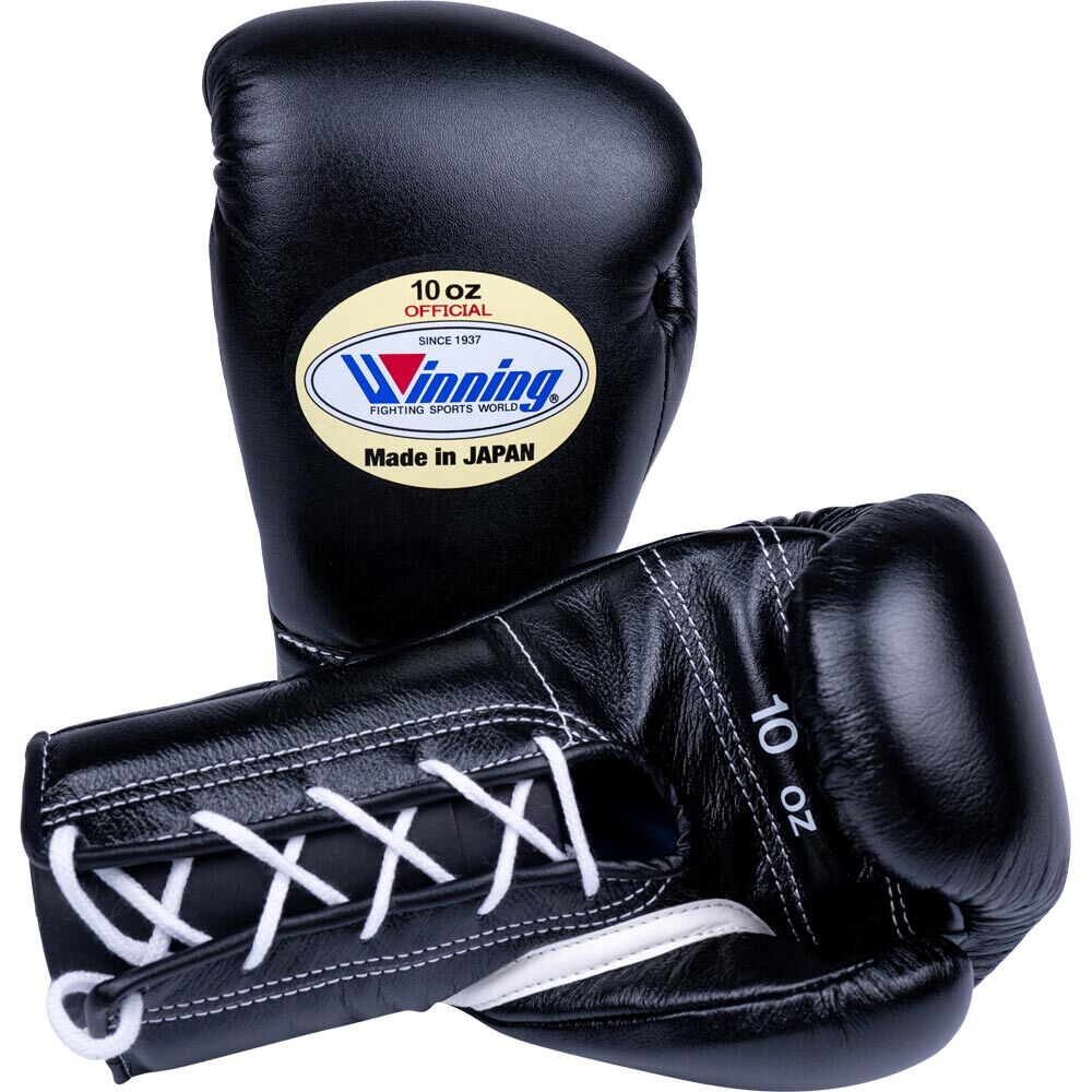 Winning 10 oz Lace Up Black Boxing Gloves at FightHQ