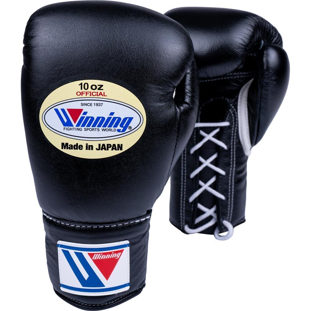 Winning 10 oz Lace Up Black Boxing Gloves at FightHQ