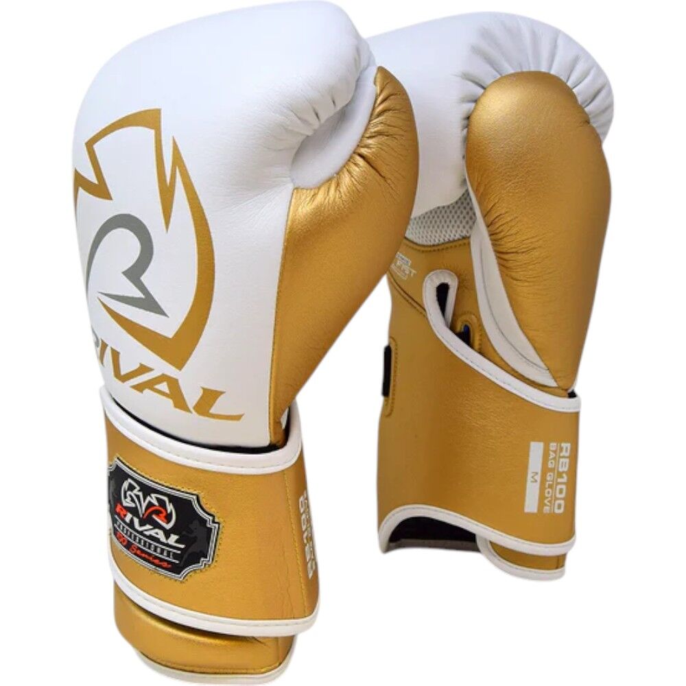 Rival RB100 Professional White/Gold Bag Gloves at FightHQ