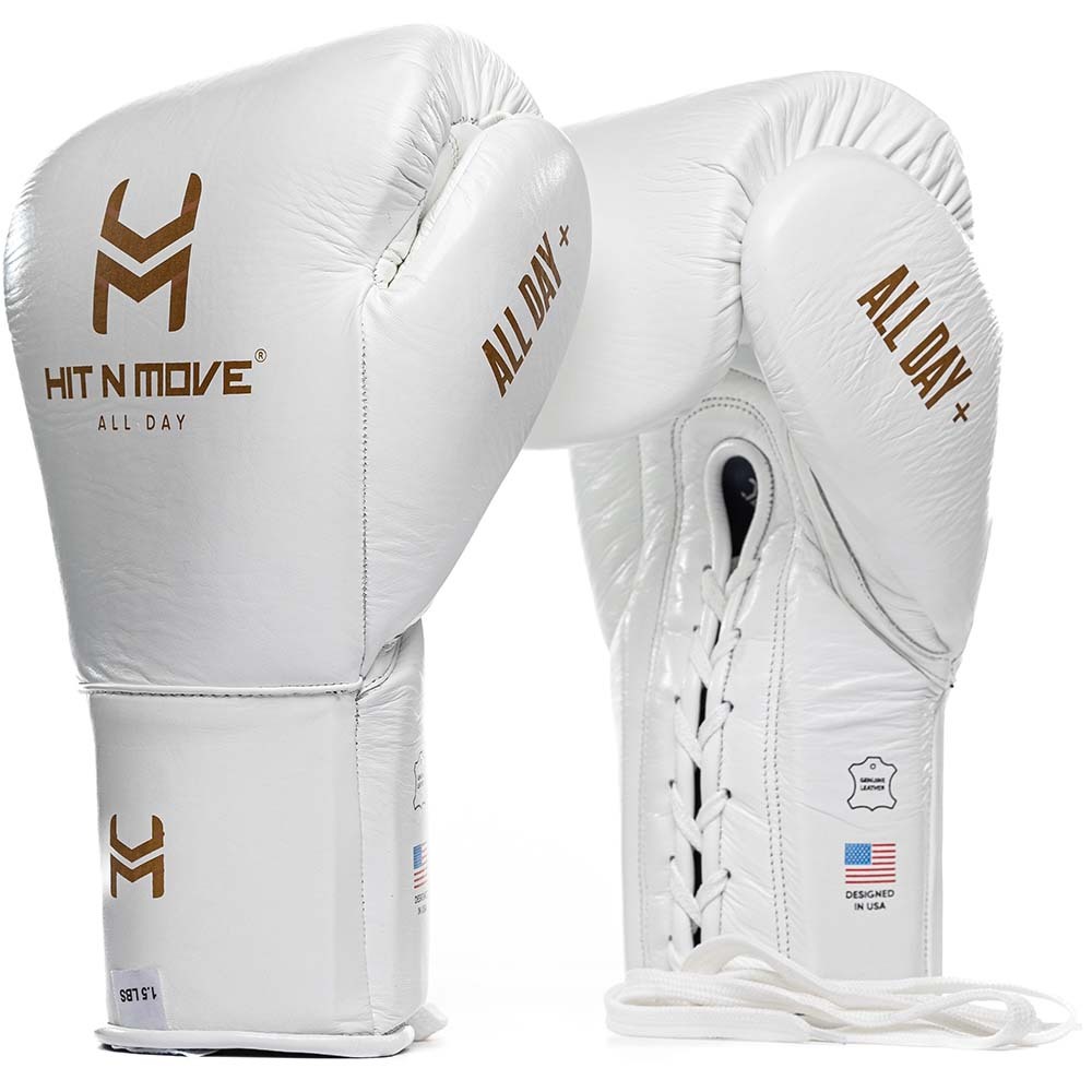 Hit N Move 24oz White Conditioning Lace Up Boxing Gloves at FightHQ