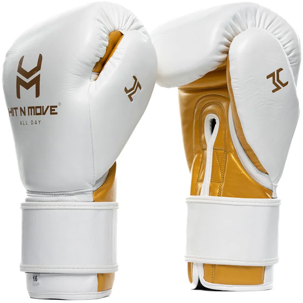 Hit N Move ALL DAY Pro Agility White/Gold Boxing Gloves at FightHQ
