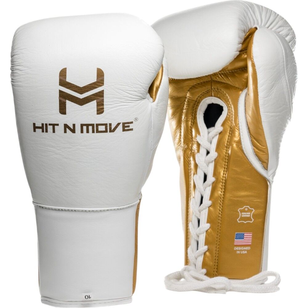 Hit N Move ALL DAY Pro Agility White/Gold Lace Up Boxing Gloves at