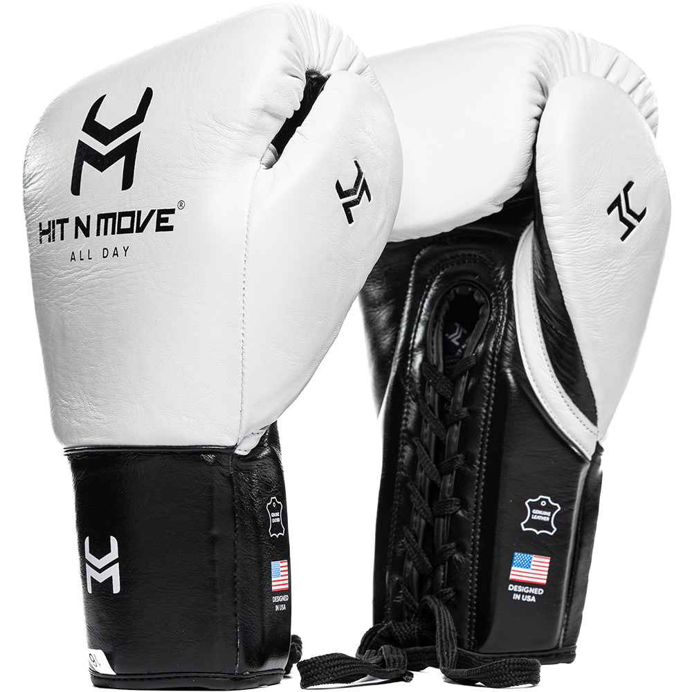 Hit N Move All Day Pro Balance Black/White Lace Up Boxing Gloves at FightHQ