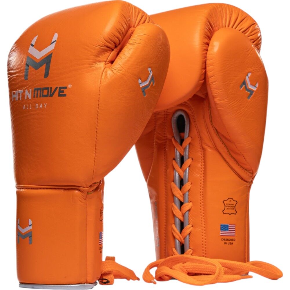 Hit N Move All Day Pro Balance Orange Lace Up Boxing Gloves at FightHQ