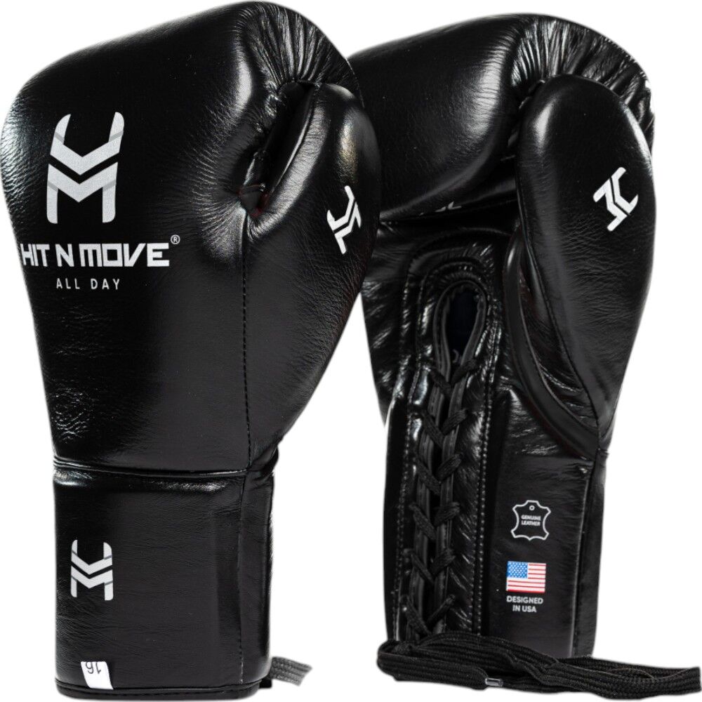 Hit N Move ALL DAY Pro Balance Black Lace Up Boxing Gloves at FightHQ