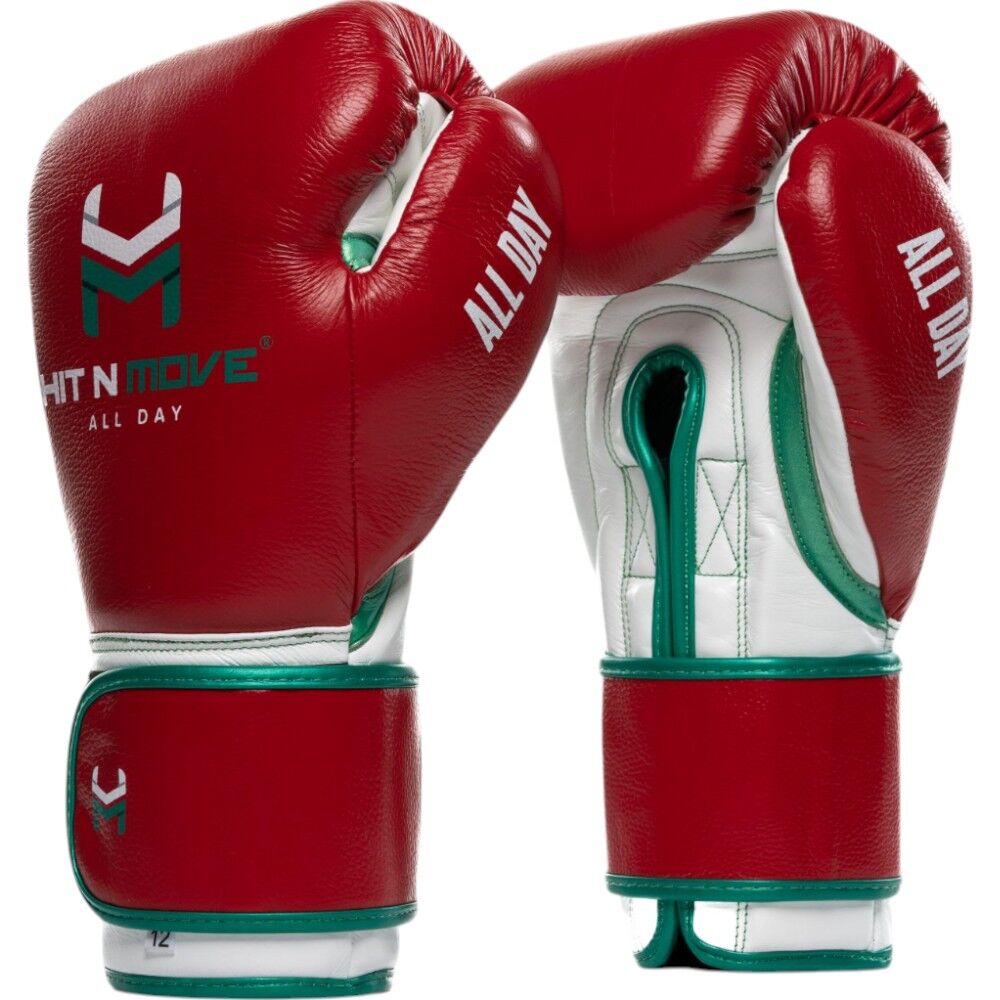 Hit N Move All Day Pro Balance Red/White/Green Boxing Gloves at FightHQ