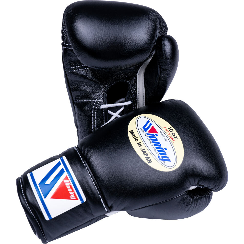 Winning 10 oz Lace Up Black Boxing Gloves at FightHQ