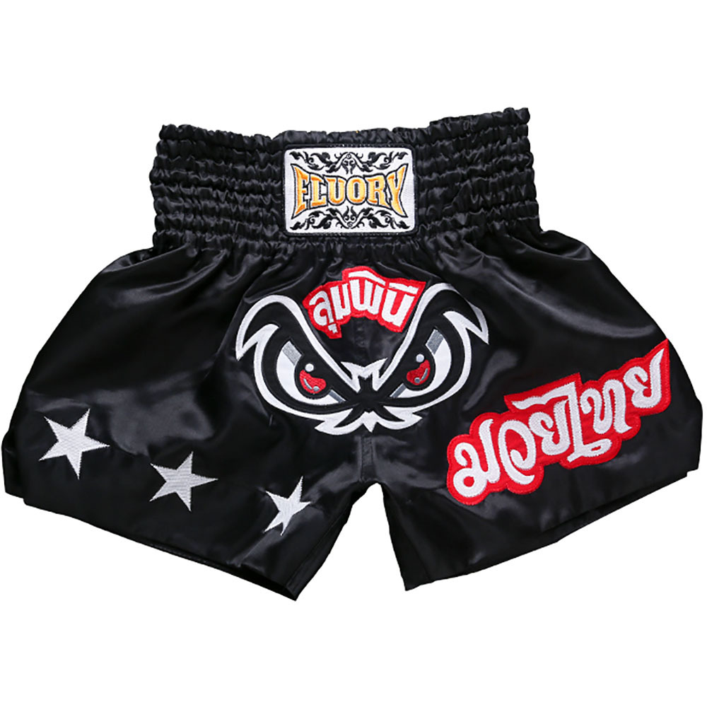 BUDOFIGHT Short De Boxe Thaï No Fear Noir - Coupe Courte Nylon Satin