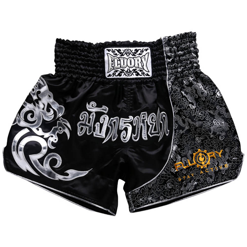 Fluory Dragon Black/Silver Muay Thai Shorts at FightHQ