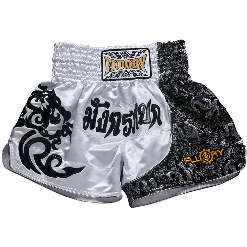 Fluory White/Black Muay Thai Shorts at FightHQ