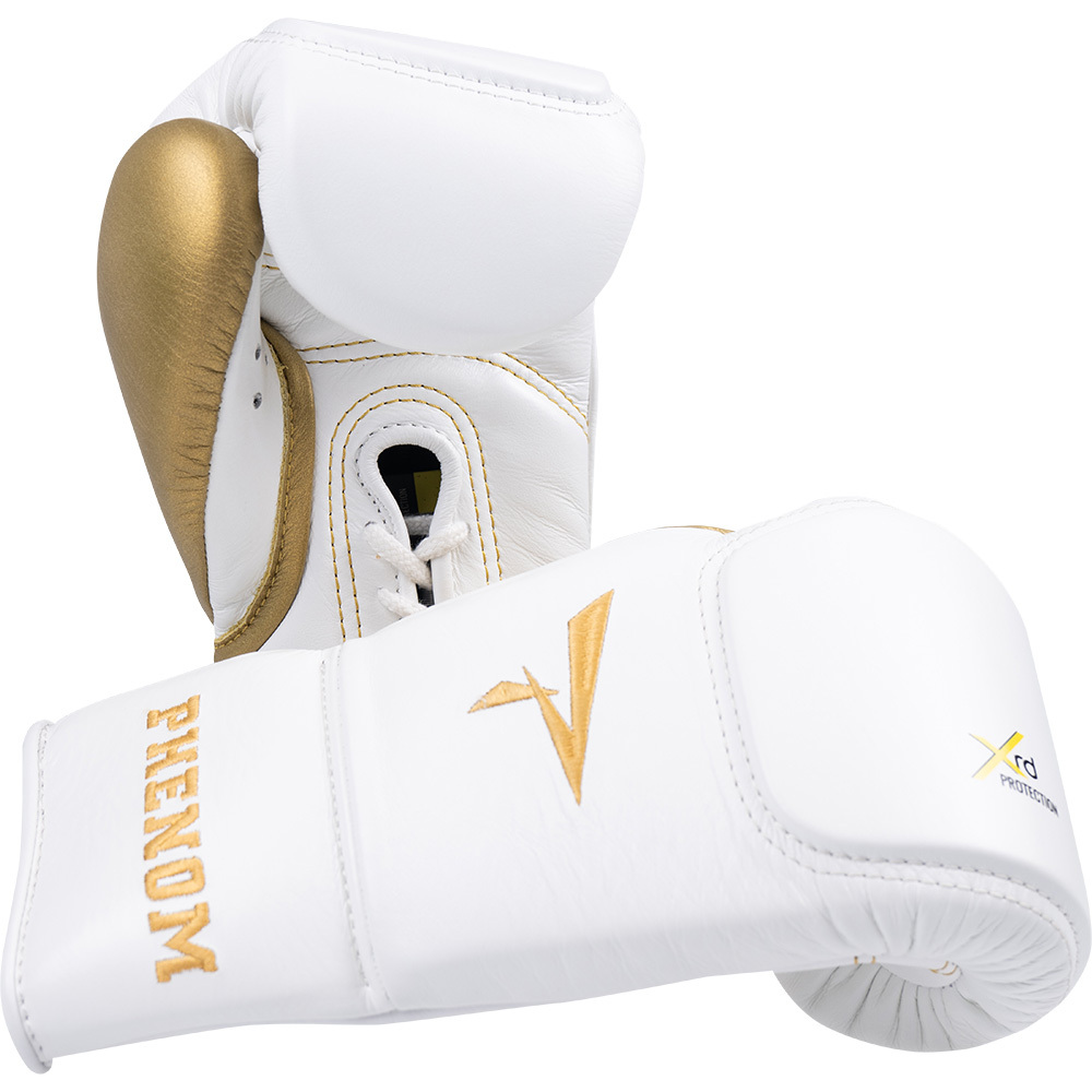 Phenom Boxing XRT-220 Ultimate White/Gold Lace Bag Gloves at FightHQ