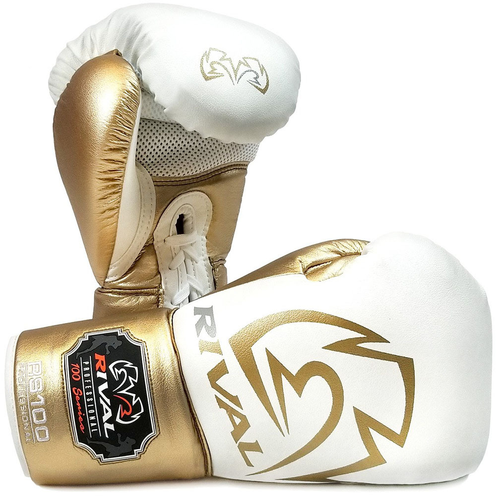 Rival RS100 Professional White/Gold Sparring Gloves at FightHQ