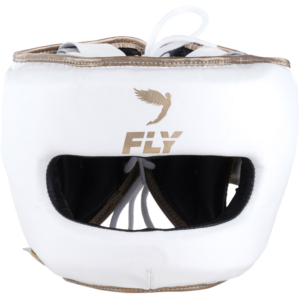 Fly Boxing Superbar White/Matt Gold Headgear at FightHQ