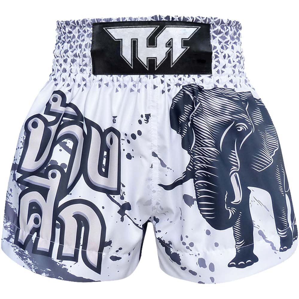 Indian Elephant White And Black Print Pattern Muay Thai Boxing Shorts main image 1