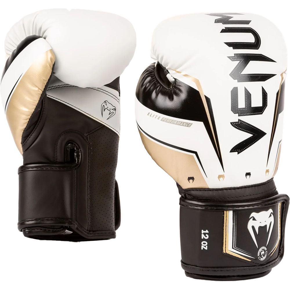 Venum Elite Evo White/Gold Boxing Gloves at FightHQ