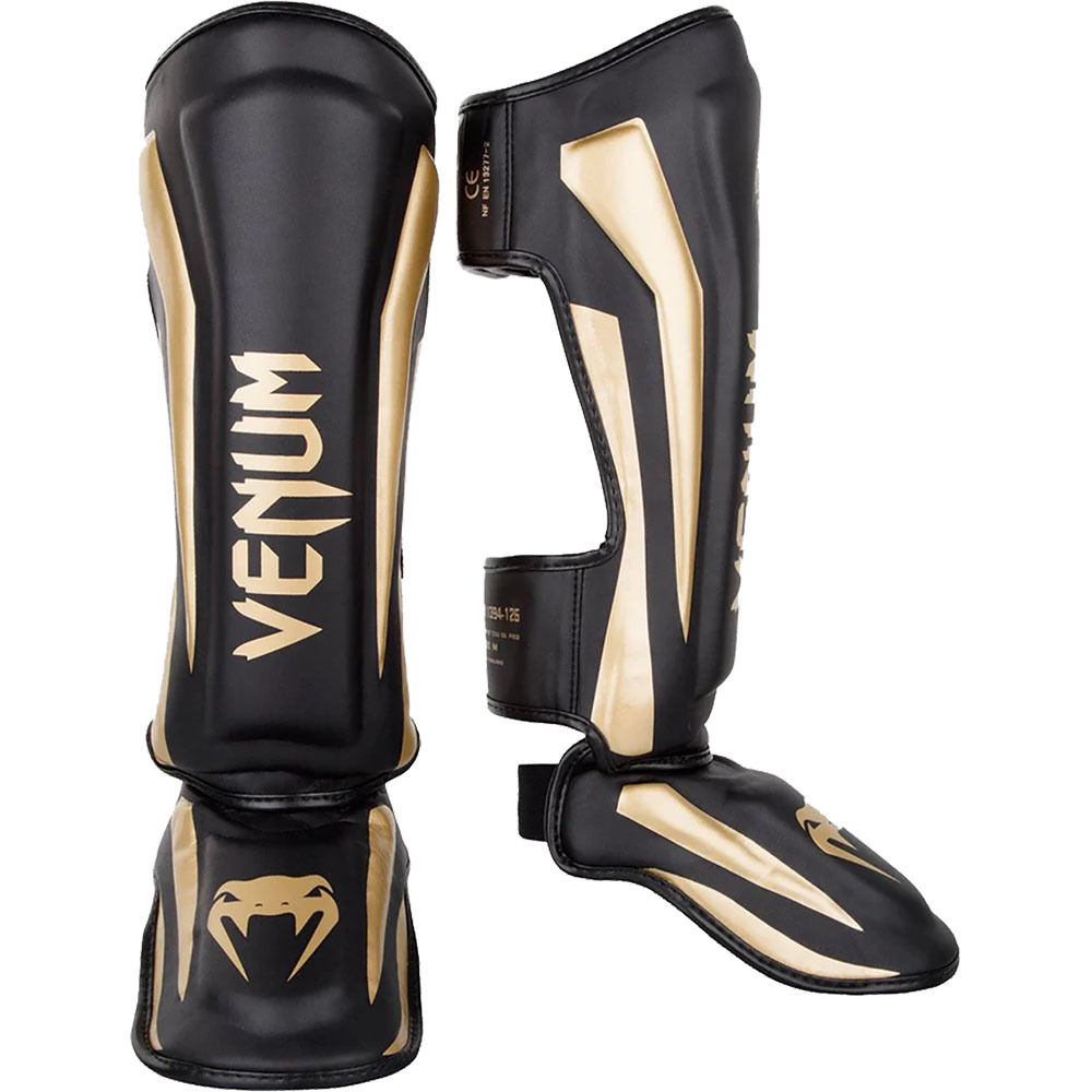 Venum Elite Black/Gold Standup Shin Guards at FightHQ
